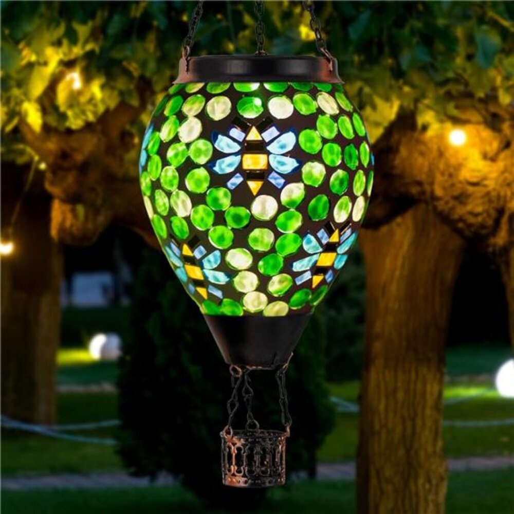 Bee Solar Hot Air Balloon Lantern Outdoor Waterproof, Green Mosaic Glass